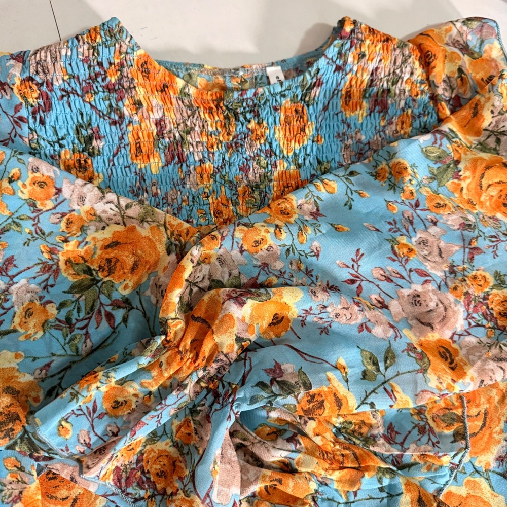 ePretty Chicago Floral Smocked Blouse Blue Orange Ruffle Long Sleeve Top Small